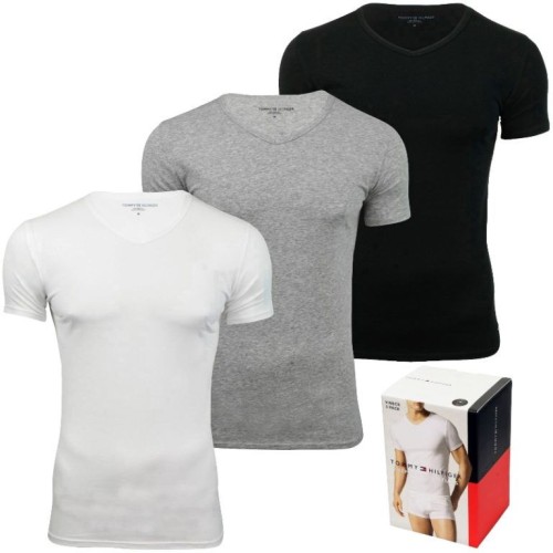Férfi pólók Tommy Hilfiger V-Neck Tee SS szürke, fehér a fekete 3-pack 